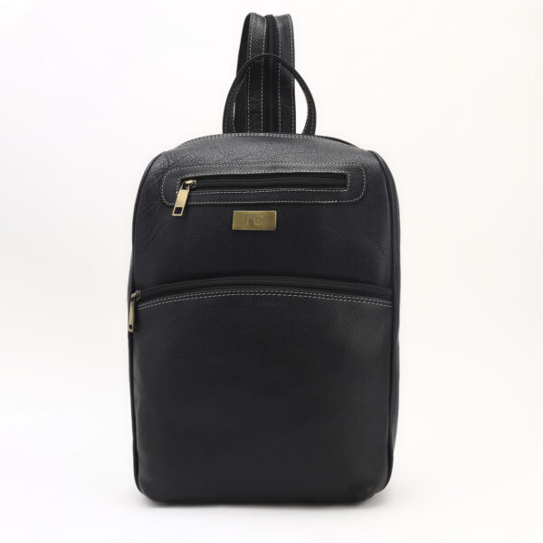 Slim Black Leatherette Backpack with Front Zip Pockets & Adjustable Straps - Image 2