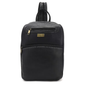 Slim Black Leatherette Backpack with Front Zip Pockets & Adjustable Straps