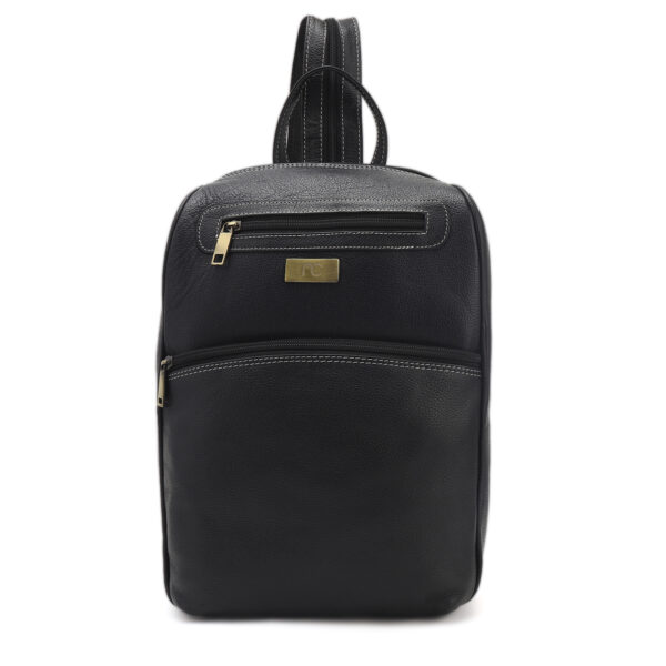 Slim Black Leatherette Backpack with Front Zip Pockets & Adjustable Straps